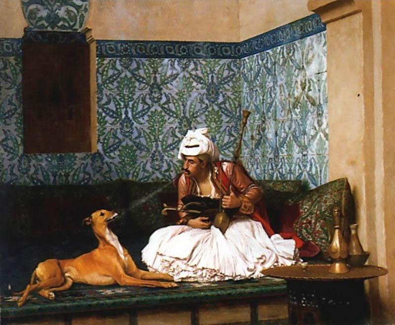 Jean-Leon Gerome Arnaut blowing Smoke at the Nose of his Dog